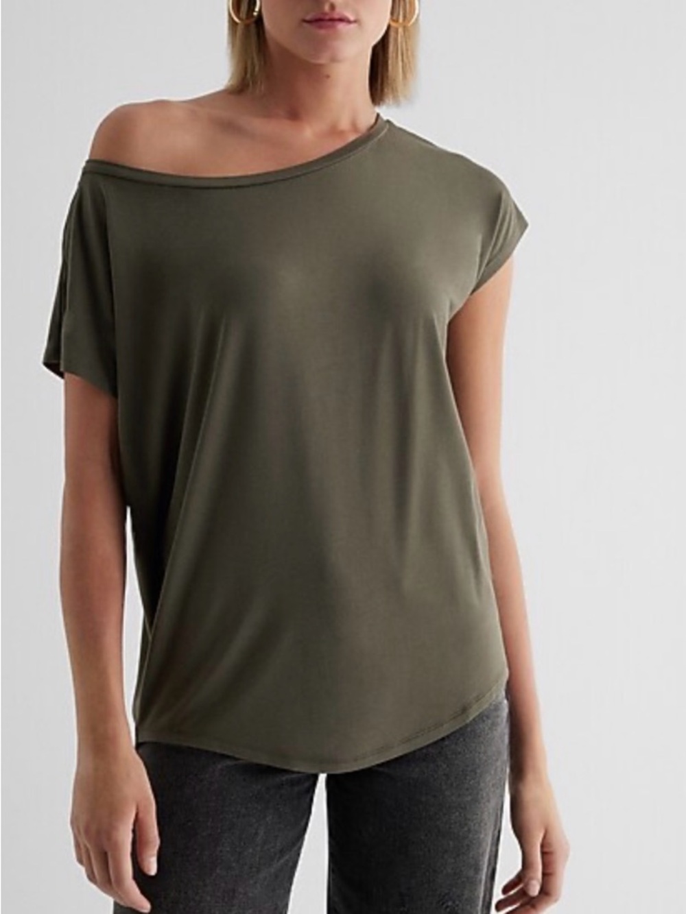 Express Heather Gray Ruched Dolman Sleeve Off Shoulder Top - Large